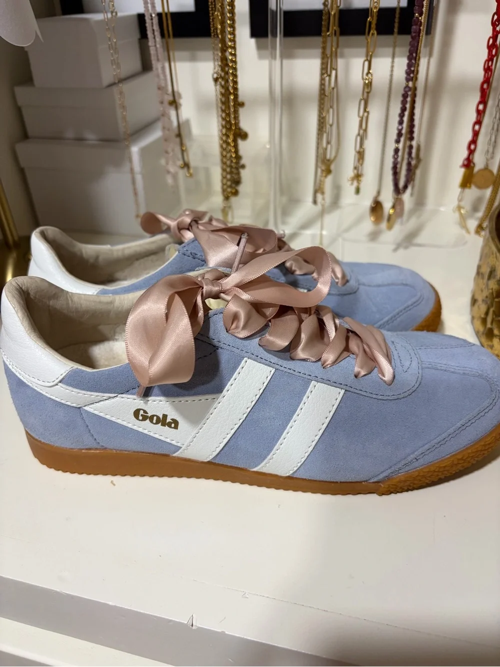 Gola Pale Blue Suede Sneakers with Blush Pink Satin Laces